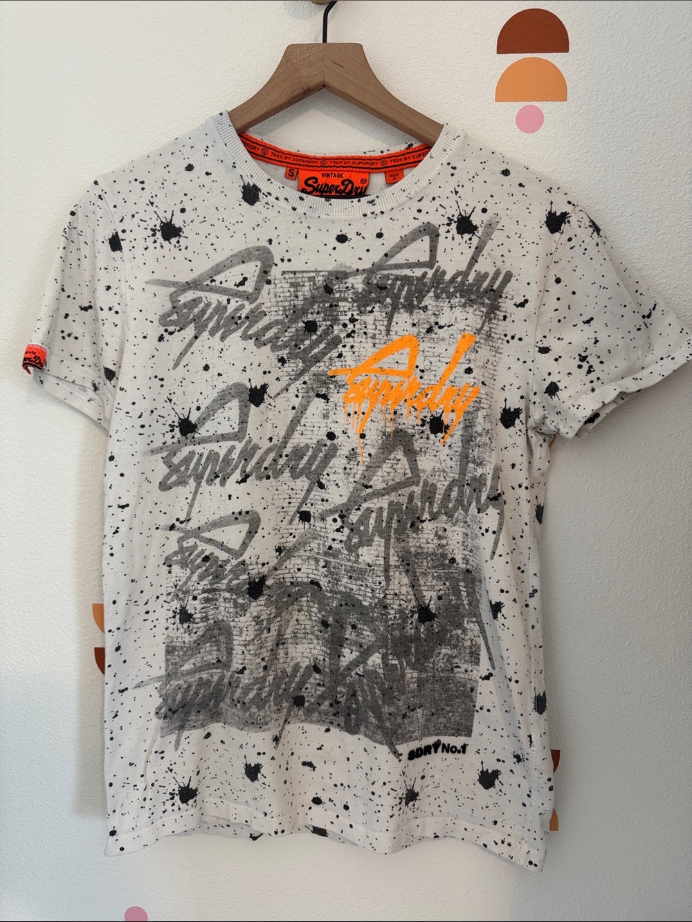 Superdry White Splatter Logo Tee with Orange Accent N0093